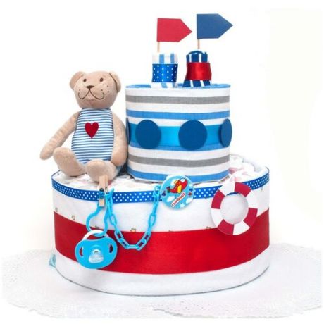 Яркий тортик из подгузников и детской одежды "Мишутка" в виде парохода, для новорожденного ребенка (сына), с мягкой игрушкой и декором в морском стиле, в синих и красных тонах, двухъярусный
