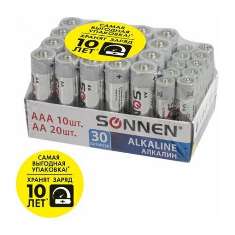 Батарейки комплект 30 (20+10) шт., SONNEN Alkaline, AA+ААА (LR6+LR03), в коробке, 455097, 455097