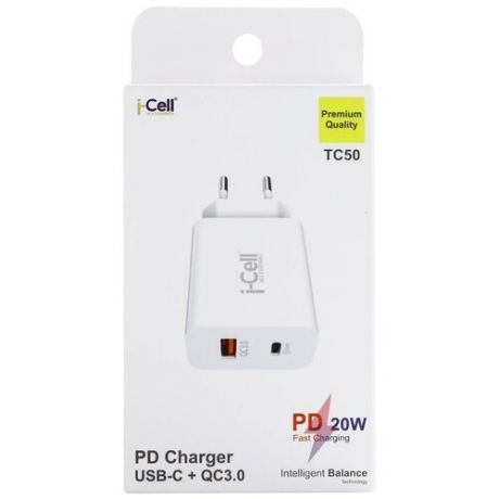 Сетевое зарядное устройство 20W i-Cell TC50 USB(A+C) белое