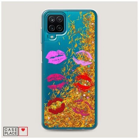 Чехол Жидкий с блестками Samsung Galaxy A12 Поцелуи помада