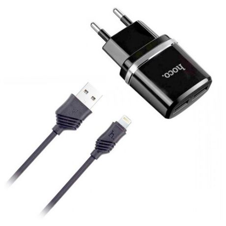 Hoco Блок питания сетевой 2 USB HOCO, C12, 2400mA, пластик, кабель Apple 8 pin, чёрный (C12 BLK 8pin)