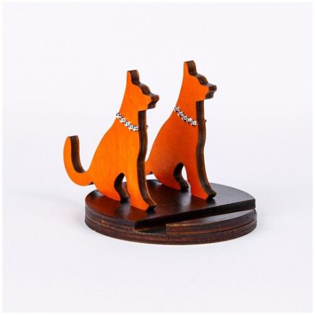 Подставка для телефона/планшета DARIFLY деревянная "Две рыжие собаки на чёрном основании" с ошейниками из хромированных полубусин, серия "Две собаки" (ручная работа)
