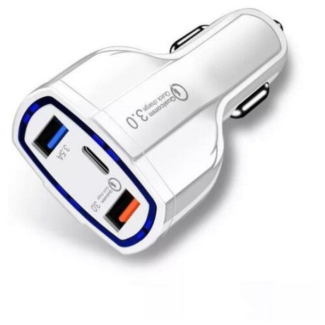 Автомобильное зарядное устройство 3 порта Type- C и USB 3.0, Разветвитель прикуривателя - быстрая зарядка QC 3.0, зарядка для Iphone, зарядка в прикуриватель, зарядное устройство для телефона в автомобиль, белый.