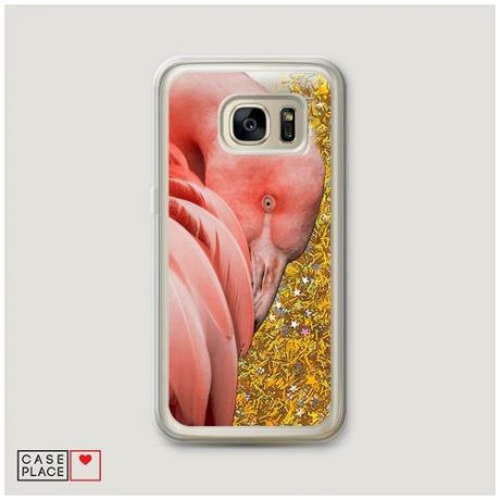 Чехол Жидкий с блестками Samsung Galaxy S7 edge Розовый фламинго крупный план
