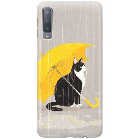 Ультратонкий силиконовый чехол-накладка для Samsung Galaxy A7 (2018) с принтом "Кот с желтым зонтом"