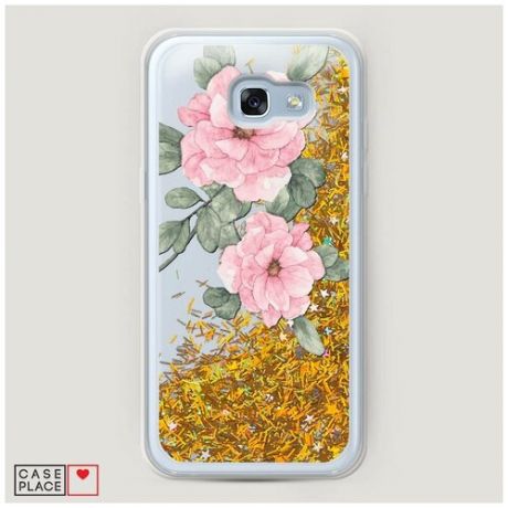 Чехол Жидкий с блестками Samsung Galaxy A5 2017 Акварельные розовые цветы