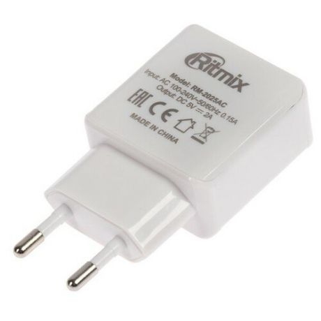 Сетевое зарядное устройство Ritmix RM-2025AC WHITE, 2 USB, 2 А, белое