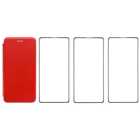 Комплект для Honor 9X lite : чехол книжка красный + три закаленных защитных стекла с черной рамкой на весь экран / Хонор 9Х Лайт