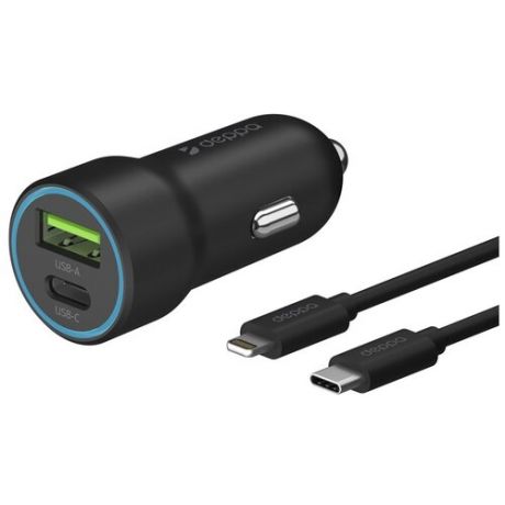 Автомобильное зарядное устройство DEPPA USB-C + USB A, PD 3.0, QC 3.0, 20W, дата-кабель USB-C - Lightning (MFI), 1.2м, черный,