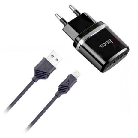 hoco Блок питания сетевой 2 USB HOCO, C12, 2400mA, пластик, кабель Apple 8 pin, чёрный (C12 BLK 8pin)