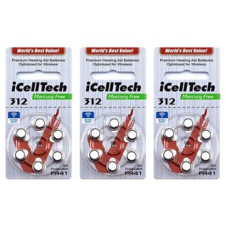 Батарейки iCellTech 312 для слухового аппарата, 3 блистера (18 батареек)