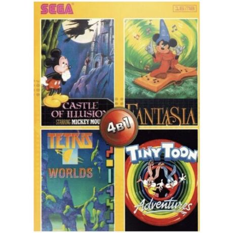 Картридж 16-bit сборник 4в1 Castle Of Illusion, Fantasia Mickey Mouse, Tetris, Tiny Toon для SEGA MEGA DRIVE 2 MD2 совместим со всеми 16 bit приставками