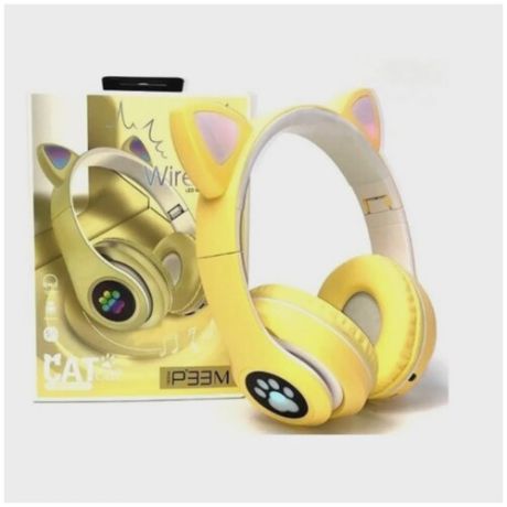 Детские наушники со светящимися ушами / Беспроводные полноразмерные наушники / Wireless Cat Ear Headset P33M / Желтый