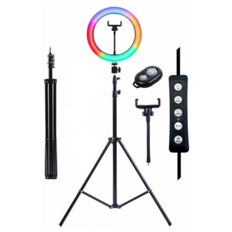 Супер яркая /Кольцевая лампа для селфи/ для фото и видеосъёмки и Tiktok/ RGB LED цветная 26 см со штативом 2,1 м + Bluetooth пульт