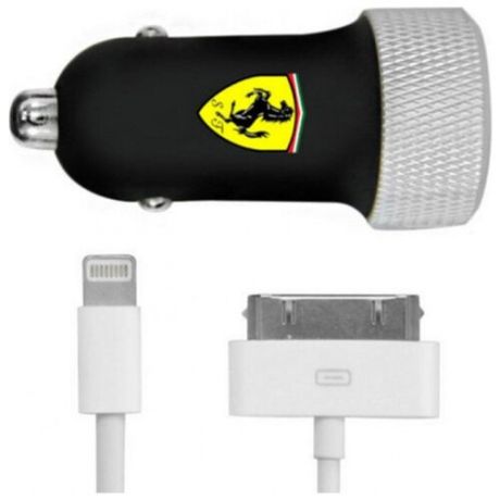 Автозарядка Ferrari Dual USB 2.1A + кабели Ligtning и 30-pin для iPhone / iPod / iPad Черная
