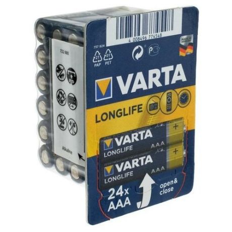 Батарейка алкалиновая Varta LongLife, AAA, LR03-24BOX, 1.5В, бокс, 24 шт. Varta 5217294