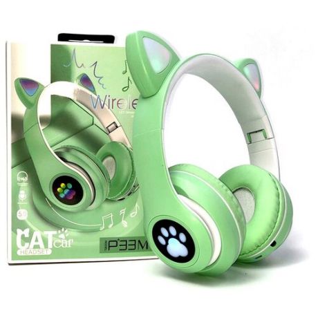 Беспроводные наушники Cat Ear P33M с bluetooth и светящимися кошачьими ушками и лапкой (зеленый)