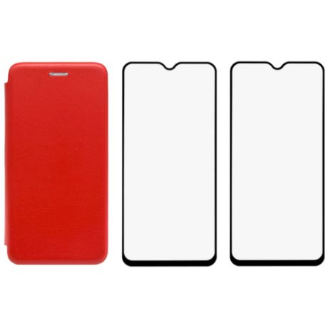 Комплект для Xiaomi Redmi 9C : чехол книжка красный + два закаленных защитных стекла с черной рамкой на весь экран