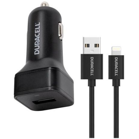 Автомобильное зарядное устройство DURACELL 1USB, 2.4А, Fast charger, черный + кабель lightning MFI 1м, DR5031A-RU,