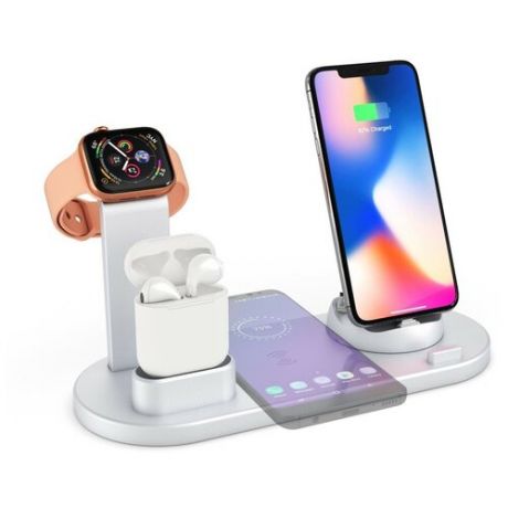 Док-станция для беспроводной зарядки UD15 4 в 1 для iPhone / Apple Watch / AirPods / устройств Android / Type-C / Micro USB / Lightning, серебристая