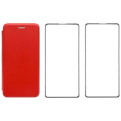 Комплект для Xiaomi Poco M3 / Note 9 4G / Redmi 9T : чехол книжка красный + два закаленных защитных стекла с черной рамкой на весь экран / Поко М3 / Ноте 9 / Редми 9Т