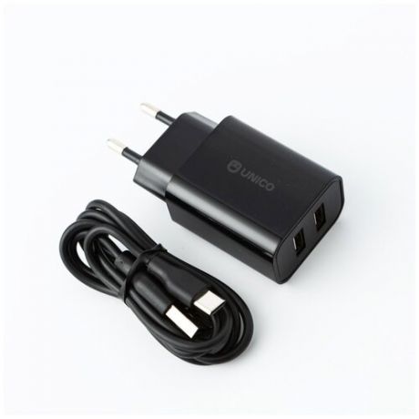 Unico/Сетевое зарядное устройство 2 USB 2,4А/с кабелем type-c 1 м