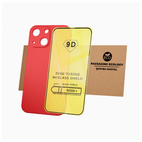Чехол накладка с защитой камеры для iPhone 13 и ворсовой подкладкой / комплект со стеклом / красный