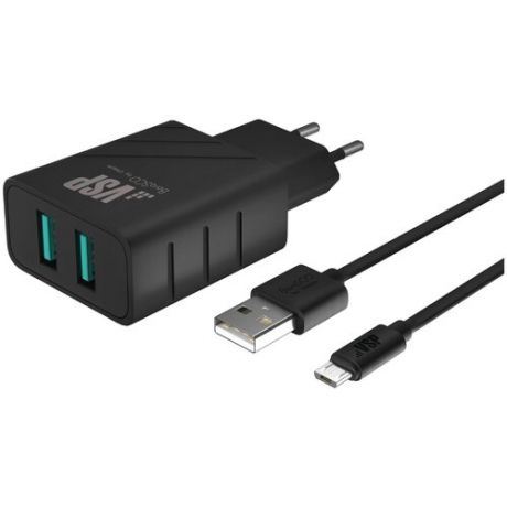 СЗУ адаптер 2 USB 2.4A + Дата-кабель Micro USB 2А (100 см) черный, BoraSCO