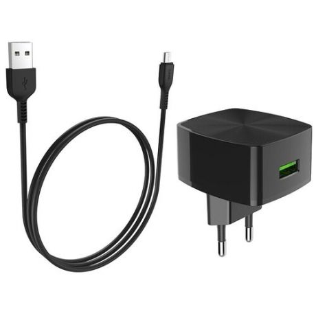 Сетевое зарядное устройство HOCO C70A Cutting-Edge 1xUSB, QC3.0 18W, 3А + кабель MicroUSB, 1м (черный)