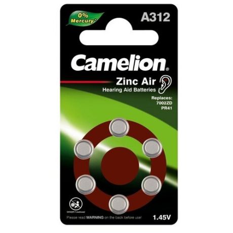 Camelion ZA312 BL-6 Mercury Free A312-BP6 0%Hg , батарейка для слуховых аппаратов, 1.4 V,170mAh 6 шт. в уп-ке