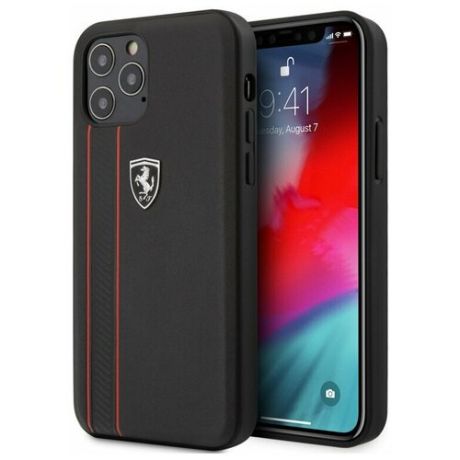 Кожаный чехол-накладка для iPhone 12 Pro Max Ferrari Off-Track Genuine leather Stitched stipe Hard, черный