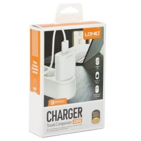 Зарядное устройство Ldnio Travel Charger A303Q Quick Charge QC3.0, 3,0А + кабель USB - Lightning (white)