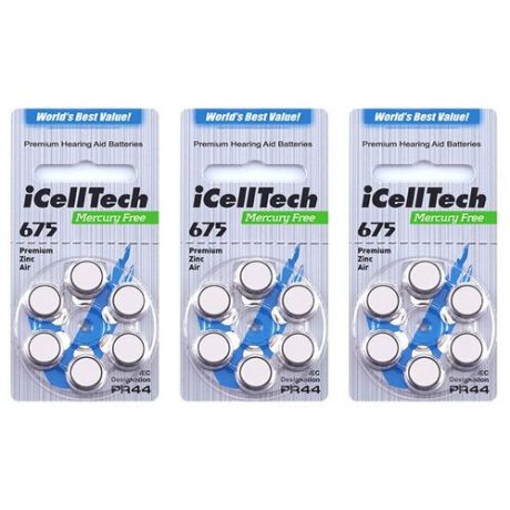 Батарейки iCellTech 675 для слухового аппарата, 3 блистера (18 батареек)