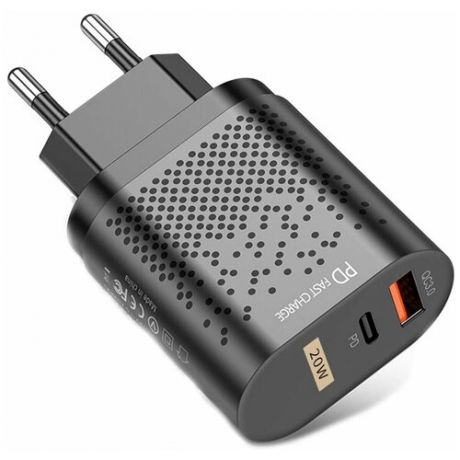 Зарядное устройство для двух устройств (ЗУ) 18W / Блок с функцией быстрой зарядки Quick Charge 3.0 / USB Type-C 18 Ватт / Power Delivery (Черный)