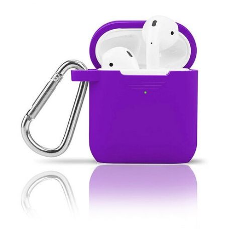 Чехол INAKS для наушников Apple AirPods/AirPods 2 силиконовый с карабином, фиолетовый