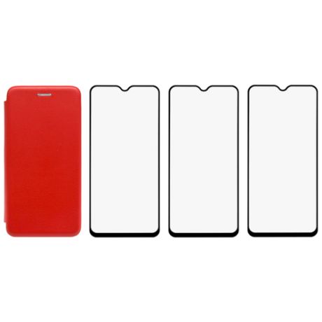 Комплект для Xiaomi Redmi 9A : чехол книжка красный + три закаленных защитных стекла с черной рамкой на весь экран / Редми 9А
