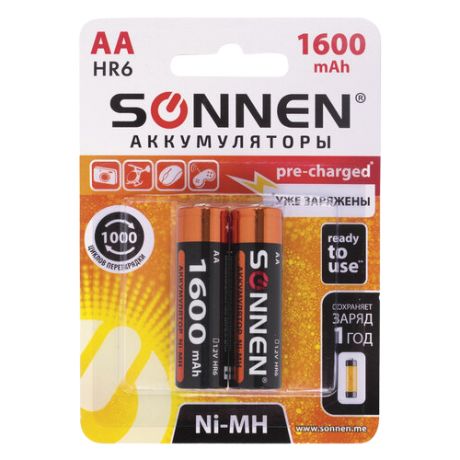 Батарейки аккумуляторные комплект 2 шт., SONNEN, АА (HR6), Ni-Mh, 1600 mAh, в блистере, 454233, 454233