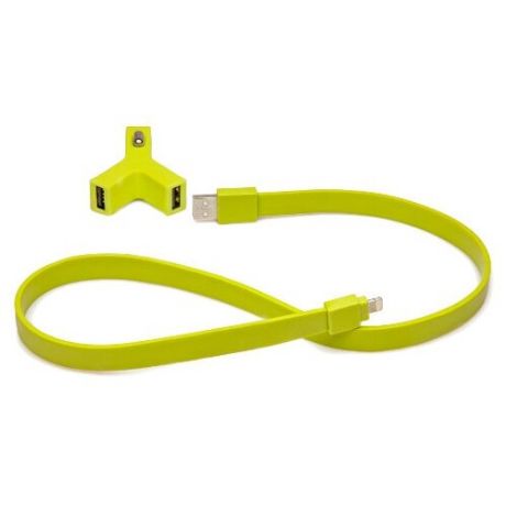 Автозарядка Tylt Y-charge 2 USB 2.1А с ленточным кабелем Tylt Syncable Lightning-USB зелёная
