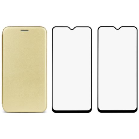 Комплект для Samsung A02S : чехол книжка золотой + два закаленных защитных стекла с черной рамкой на весь экран / Самсунг А02с