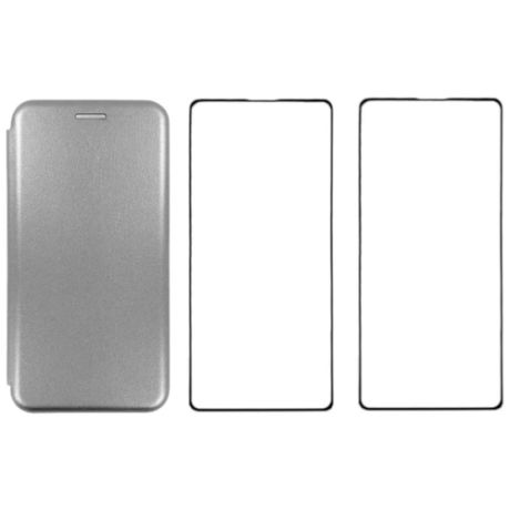 Комплект для Samsung galaxy A72 : чехол книжка серый + два закаленных защитных стекла с черной рамкой