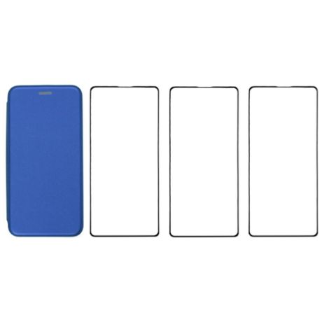 Комплект для Samsung galaxy A52 : чехол книжка синий + три закаленных защитных стекла с черной рамкой на весь экран