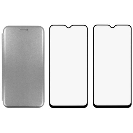 Комплект для Samsung galaxy A52 : чехол книжка серый + два закаленных защитных стекла с черной рамкой на весь экран