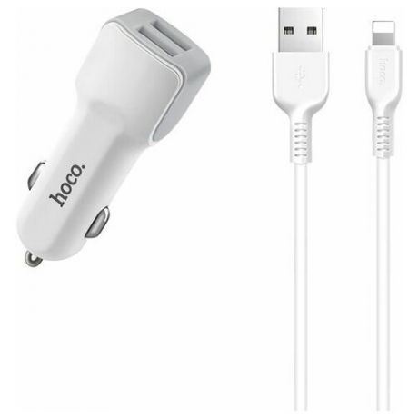 Автомобильное зарядное устройство HOCO Z23 Grand Style 2xUSB, 2.4A + кабель Lightning 8-pin, 1м (белый)