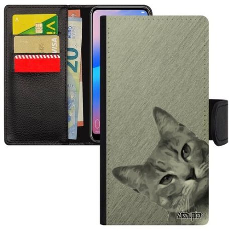 Стильный чехол книжка на смартфон // Samsung Galaxy A51 // "Котик" Глупый Кошка, Utaupia, серый