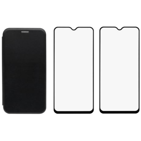 Комплект для Samsung Galaxy A22 / M32 : чехол книжка черный + два закаленных защитных стекла с черной рамкой на весь экран / Самсунг А22 / М32