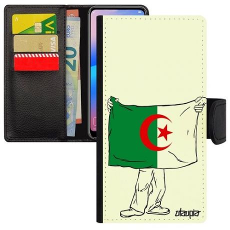 Противоударный чехол-книжка на смартфон // Huawei P Smart 2018 // "Флаг Алжира с руками" Стиль Туризм, Utaupia, белый