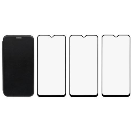 Комплект для Xiaomi Redmi 9C : чехол книжка черный + три закаленных защитных стекла с черной рамкой