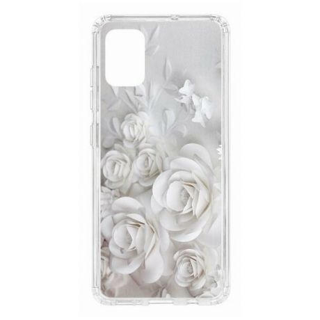 Чехол на Samsung Galaxy A51 Kruche Print White roses/накладка/с рисунком/прозрачный/бампер/противоударный/ударопрочный/с защитой камеры