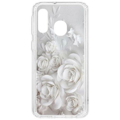 Чехол на Samsung Galaxy A40 2019 Kruche Print White roses/накладка/с рисунком/прозрачный/бампер/противоударный/ударопрочный/с защитой камеры