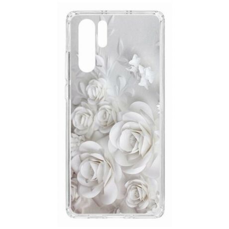 Чехол на Huawei P30 Pro Kruche Print White roses/накладка/с рисунком/прозрачный/бампер/противоударный/ударопрочный/с защитой камеры